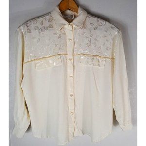 Women's Vintage Ninon De Lenclos Western Top Faux Pearls Rose Demask Ivory 80s L